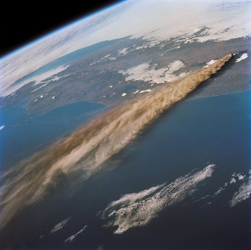 Volcano erupting seen from space